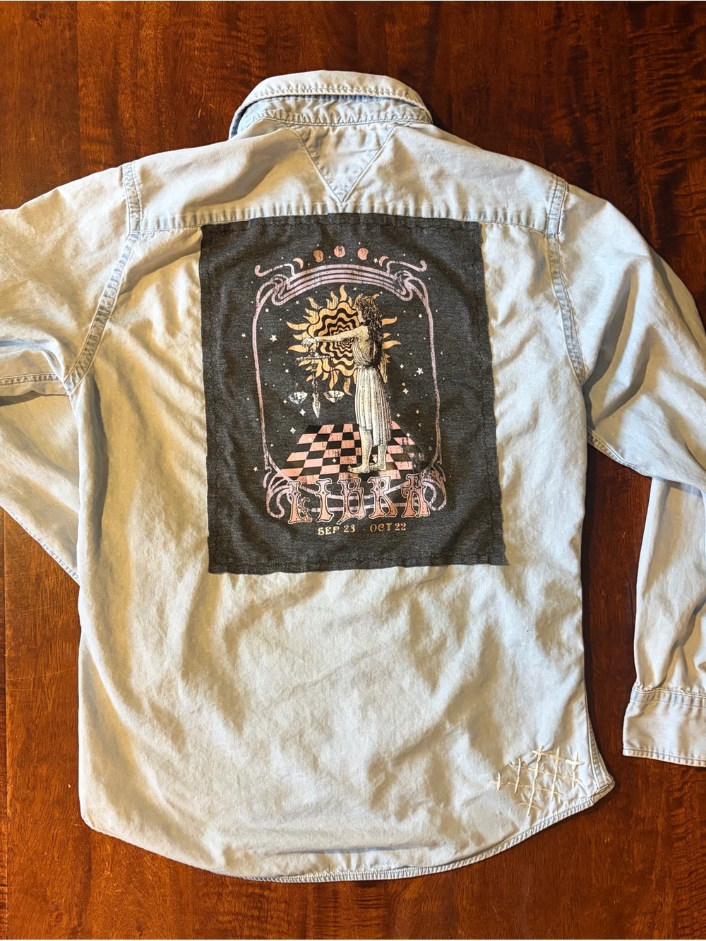 Upcycled Light Denim Libra Graphic Back Patch Sashiko Shirt Women’s Size Small